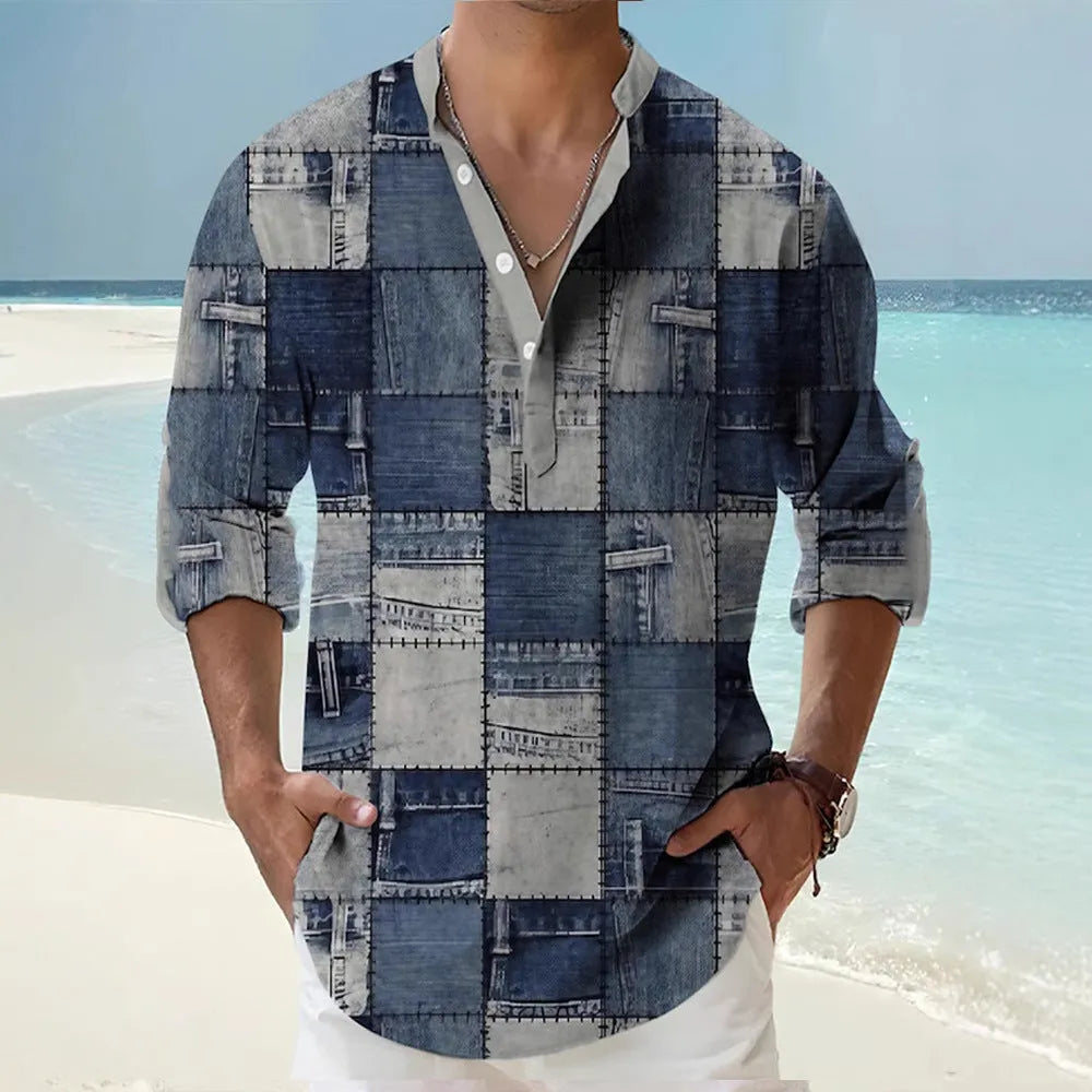 Men's thin striped Hawaiian long sleeve shirt in cardigan style on a hanger