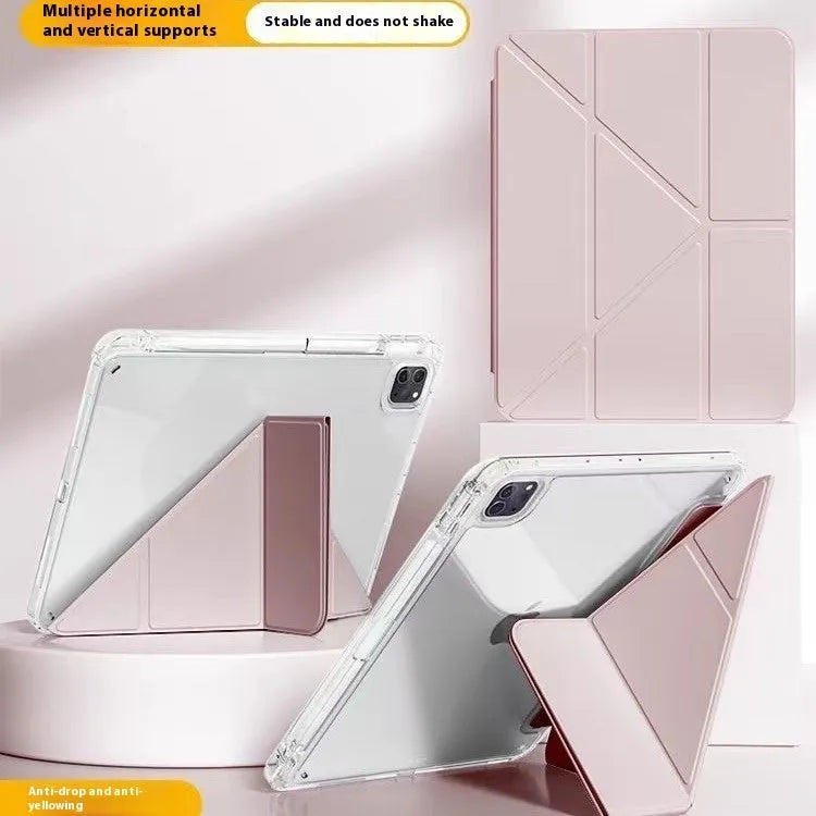 Transparent acrylic iPad protective cover with built-in folding stand in multiple colour options