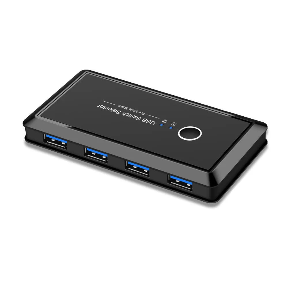 USB 3.0 two-in four-out splitter in black ABS plastic with blue indicator light for sharing devices between two computers