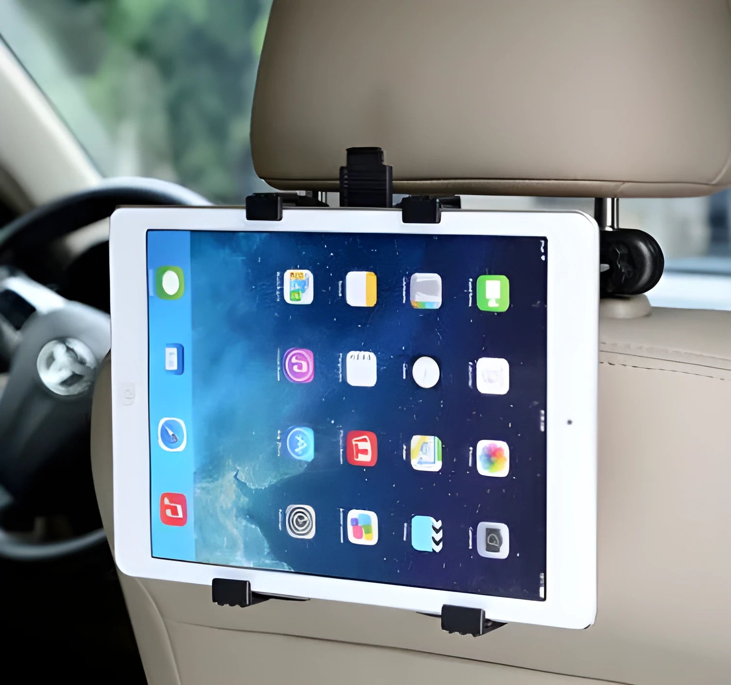 Black steel car headrest tablet holder mount holding an iPad for rear seat viewing