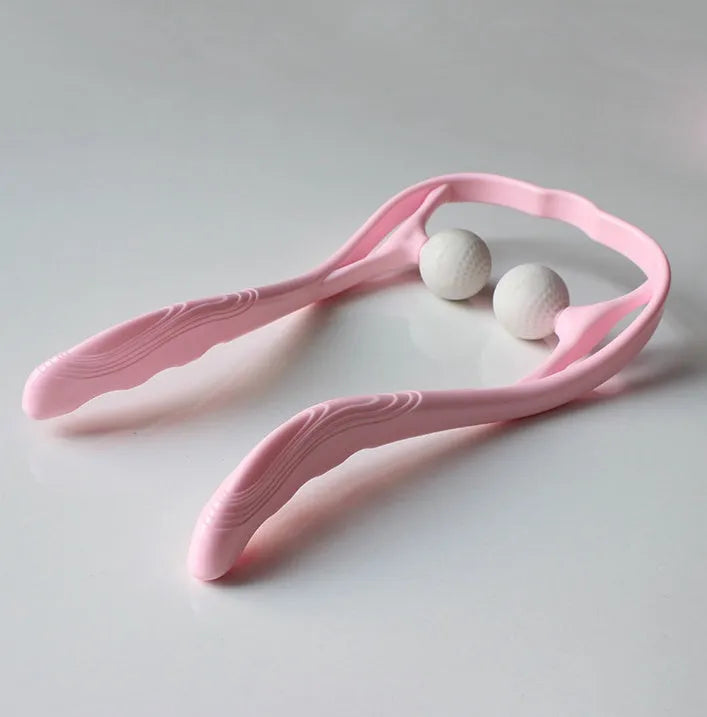 Plastic hand roller neck massager with adjustable stand in pink, blue, and green colours.
