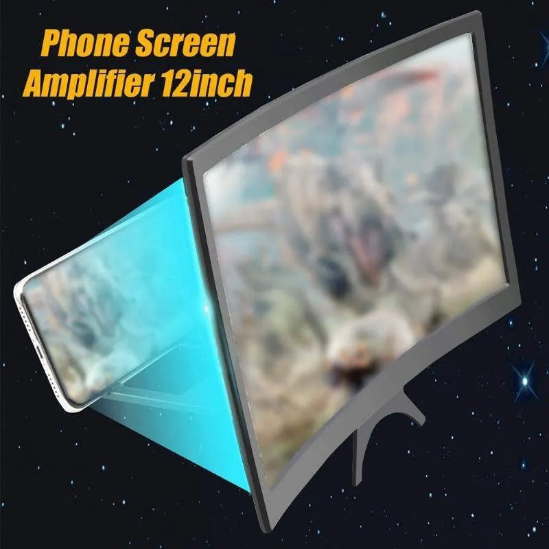 12 inch black mobile screen magnifier with curved arc frame and HD acrylic lens on a desktop