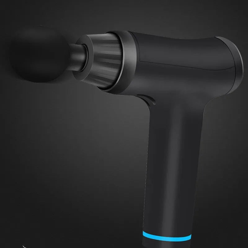 Black fascia gun physiotherapy instrument with 4 massage heads, 30 speed settings, compact 22cm design.