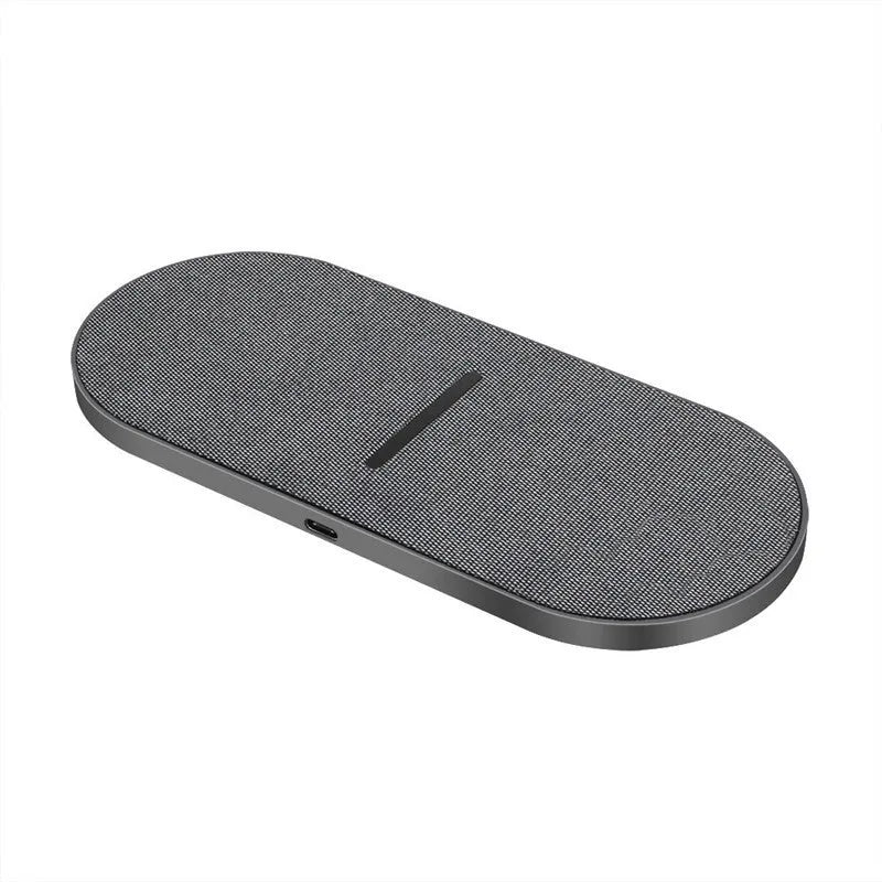 Black dual wireless charging pad with two device charging areas and LED indicator light