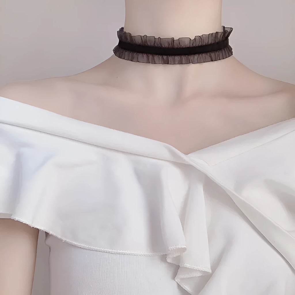 Velvet ruffled clavicle necklace with flower pendant and snake bone chain in three colour options
