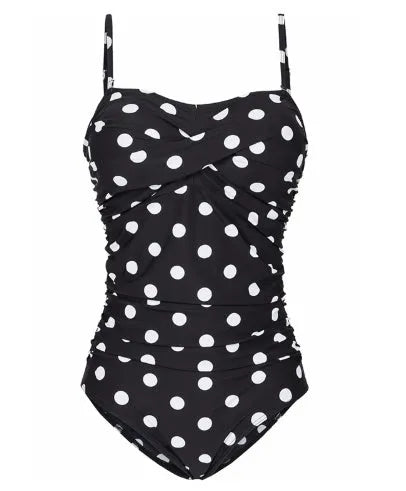 Plus size one-piece swimsuit with open back and retro wave design in black, green, and wave point colours