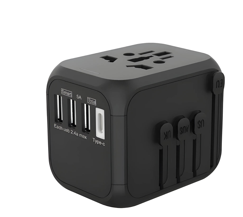 Black UK to EU conversion plug with six holes for multiple device charging