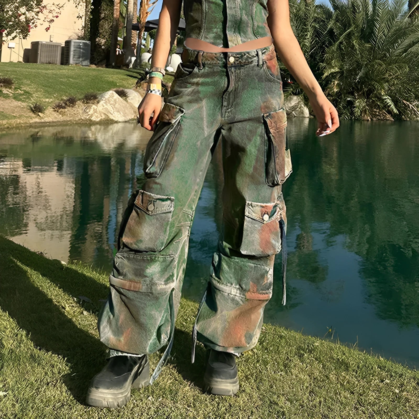 Loose fit denim cargo trousers with multiple gradient colour pockets in street hipster style