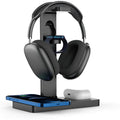 Black wireless charging station bracket for mobile phone, smartwatch, and headset.