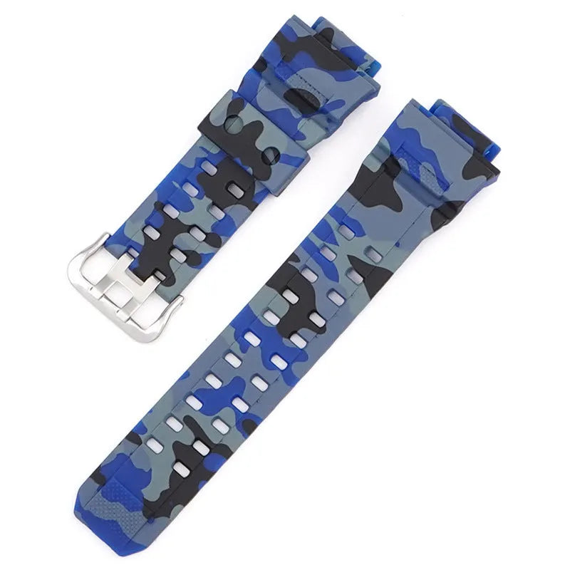 Camouflage pattern TPU rubber watch strap with silver buckle for G-Shock-style watches.