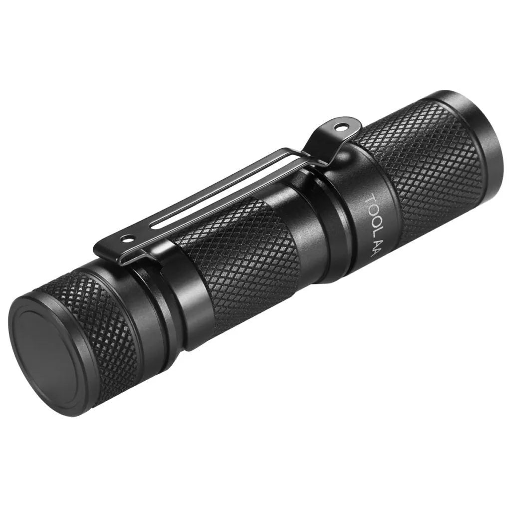 Lumintop Tool AA 2.0 black aluminium torch with keychain, shown next to included 14500 battery and diffuser.