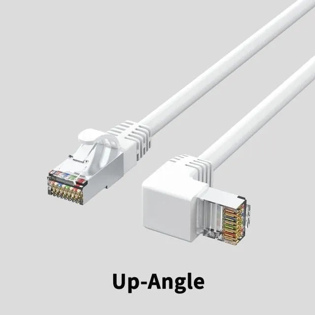 Black Cat6 Ethernet cable with right-angle metal RJ45 connector showing different orientation options