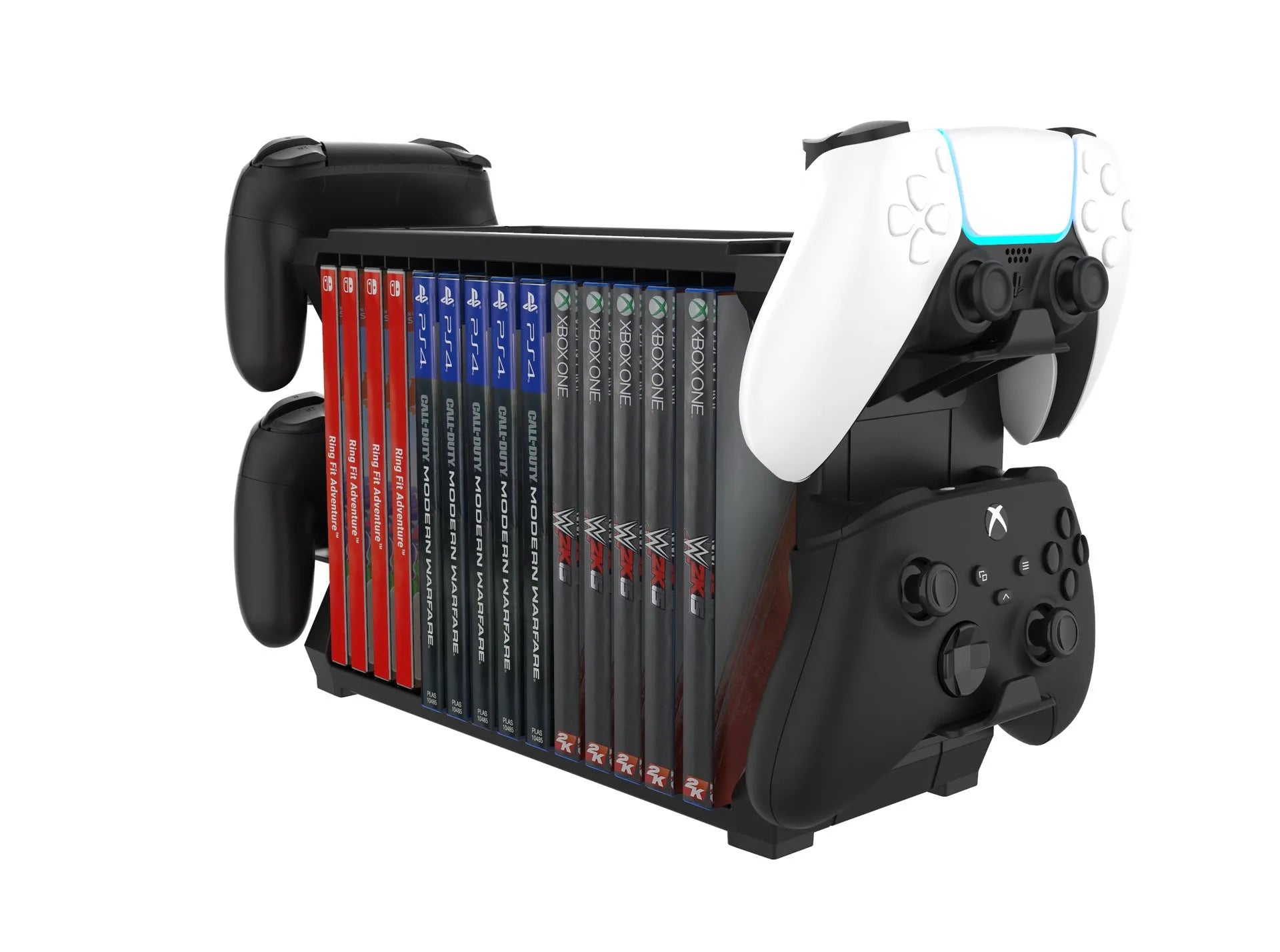 Black PS5 and Xbox Series X disc stand with slots for game cases and four controller handles.