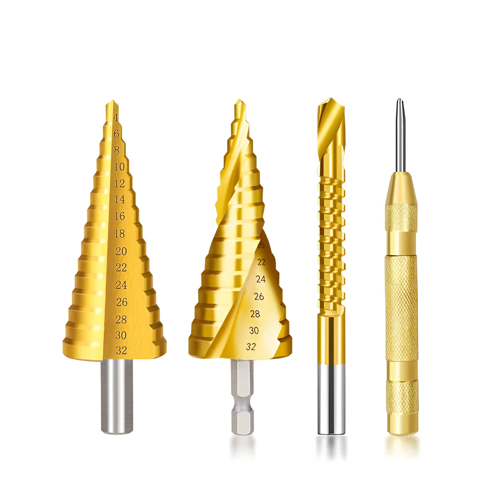 High-speed steel cone step drill bit and centre punch set for metal and wood drilling