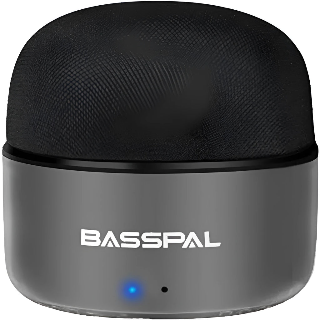 Black waterproof mini portable Bluetooth speaker with control buttons.