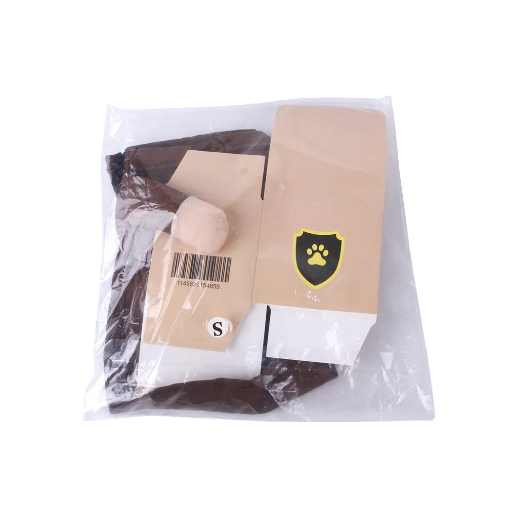 Coffee-coloured pet courier uniform costume for dogs or cats, shown in a standing style.
