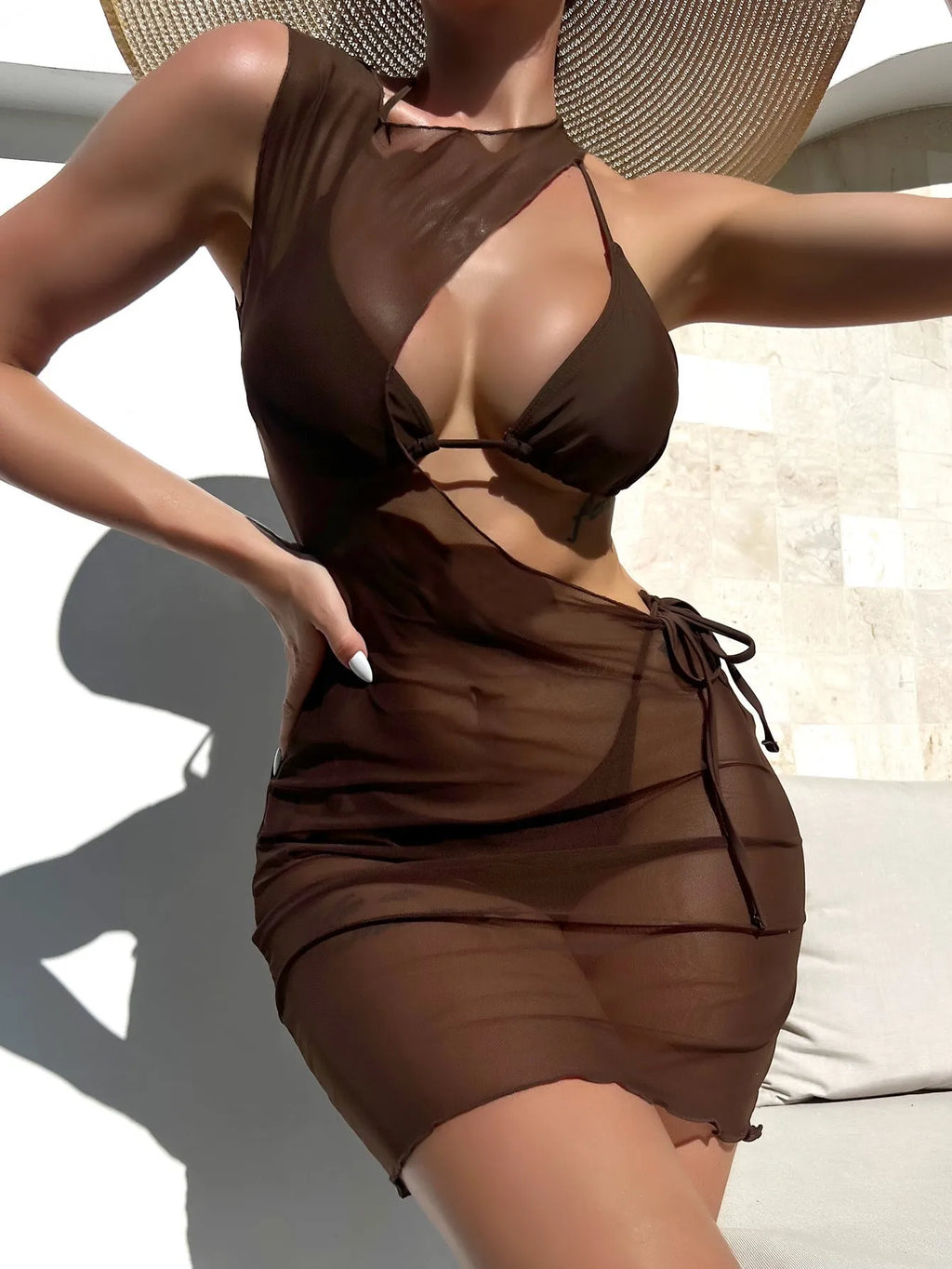 Brown solid colour women's three-piece swimsuit set with bra, shorts, and blouse