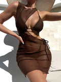 Brown solid colour women's three-piece swimsuit set with bra, shorts, and blouse