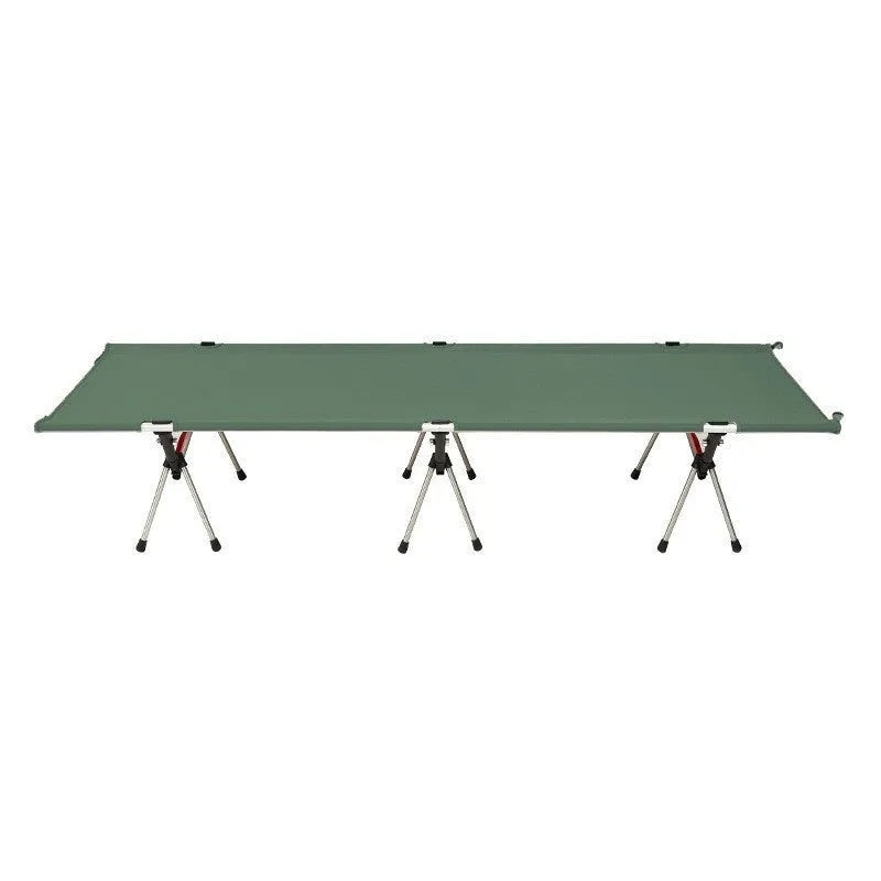 Outdoor folding bed with aluminium frame shown in khaki colour, folded with storage bag