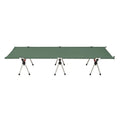 Outdoor folding bed with aluminium frame shown in khaki colour, folded with storage bag