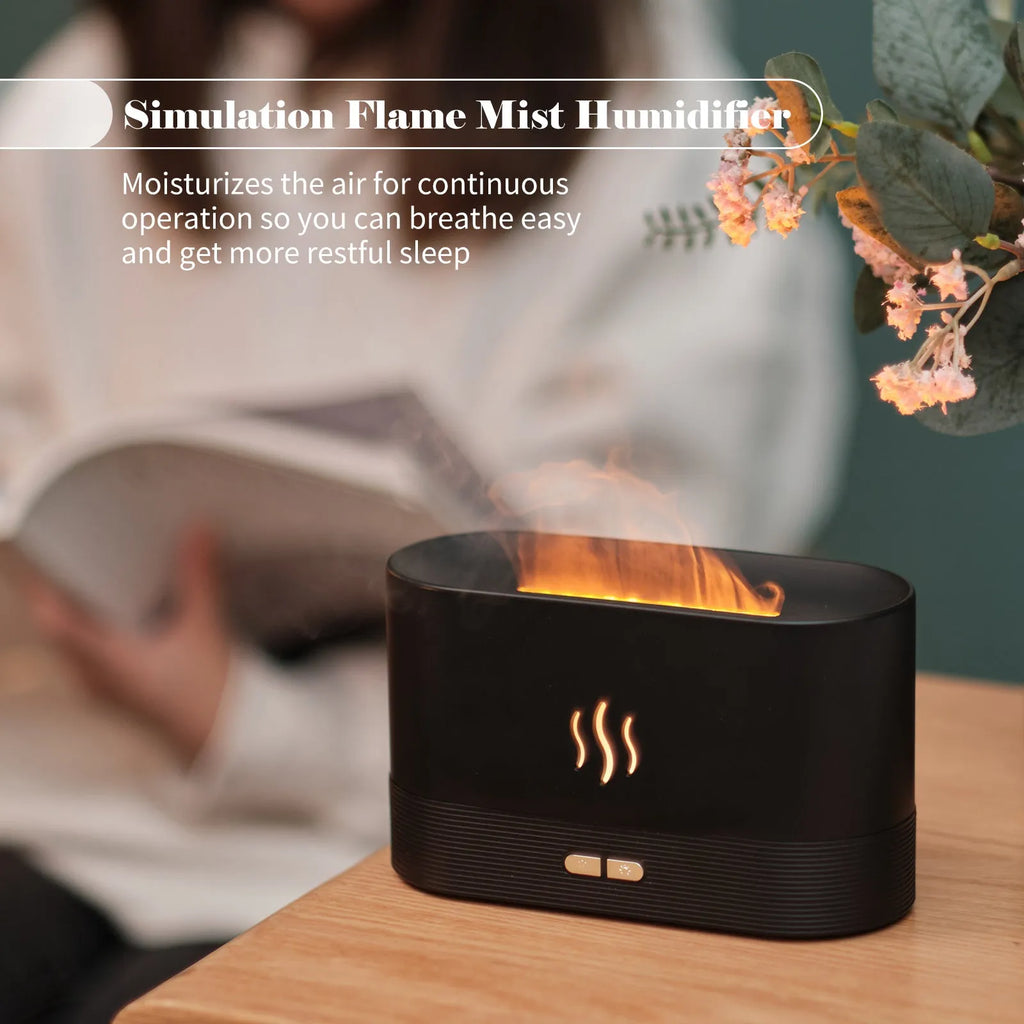 Black square ultrasonic aroma diffuser with LED flame light effect and mist output.