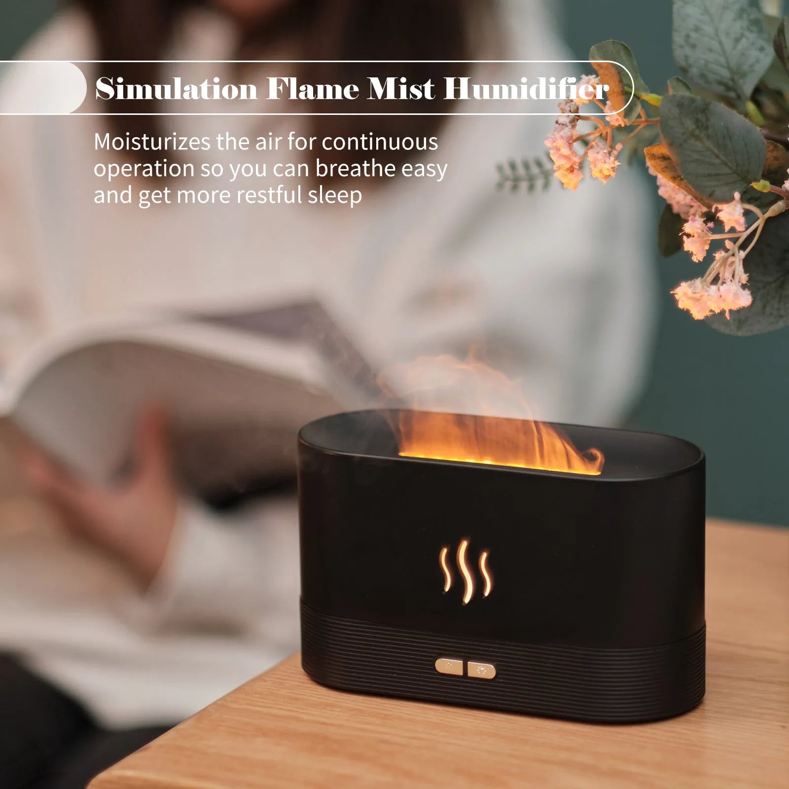 Black square ultrasonic aroma diffuser with LED flame light effect and mist output.
