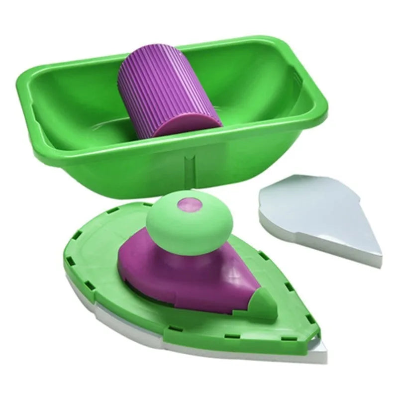 Green household DIY painting kit with plastic roller tray, large paint brush, and small paint brush with sponge pads