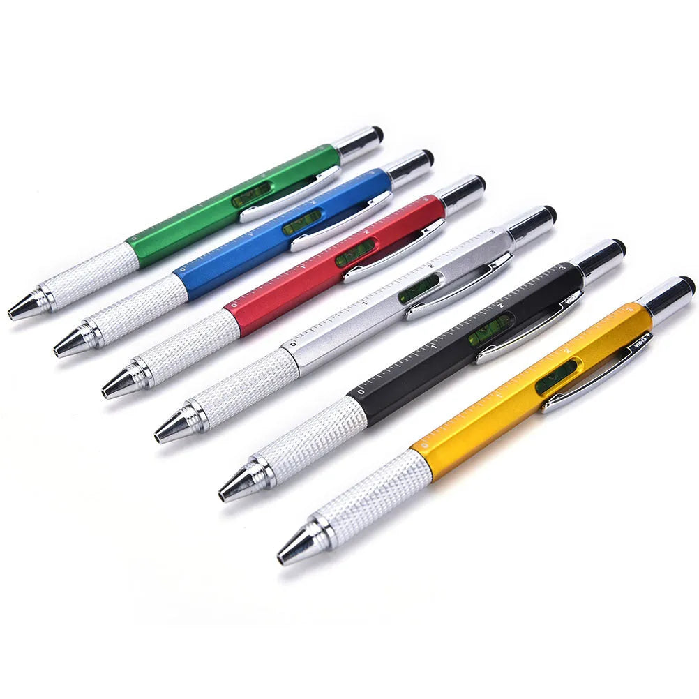 Black 6 in 1 multi-function touch screen stylus ballpoint pen with spirit level and screwdriver tips on white background