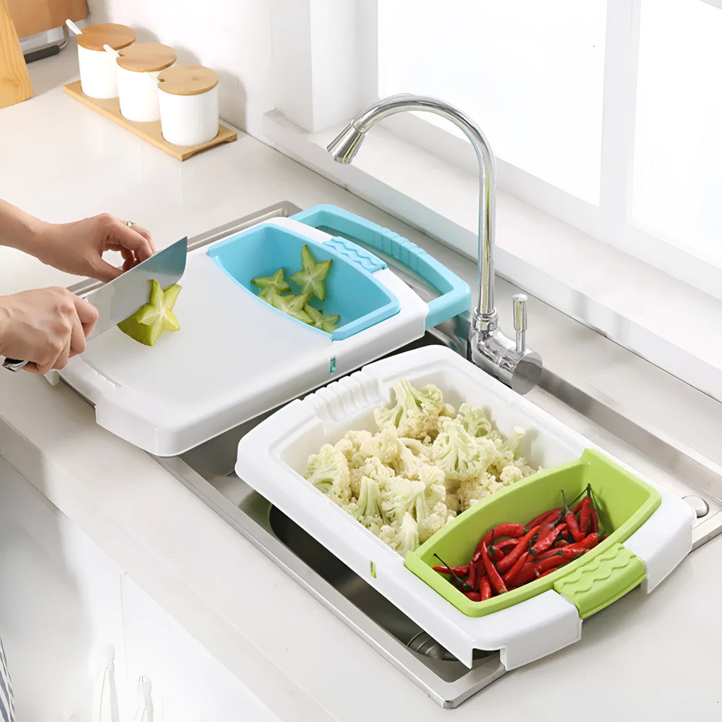 Green multi-function cutting board with draining holes mounted on kitchen sink for vegetable preparation