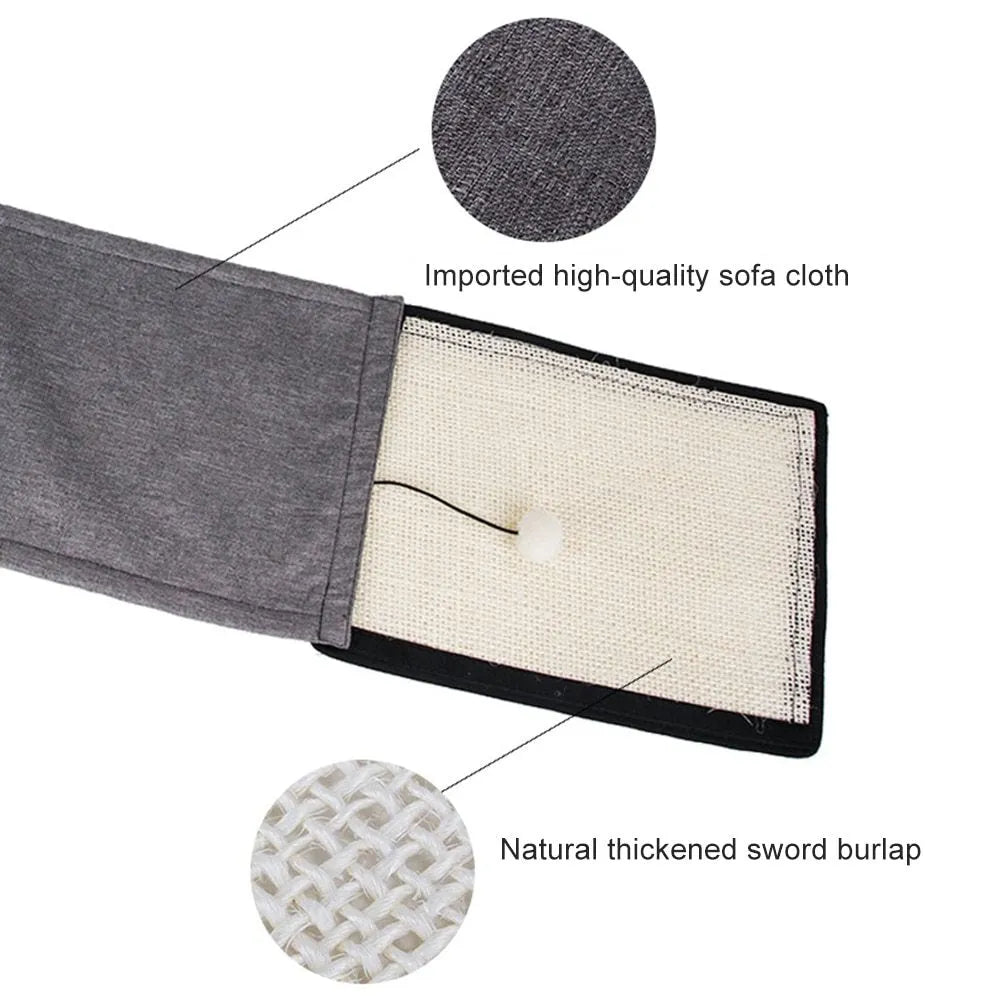 Beige cat scratch board made of sword sisal and cotton linen on sofa arm, 40x29cm furniture protection mat