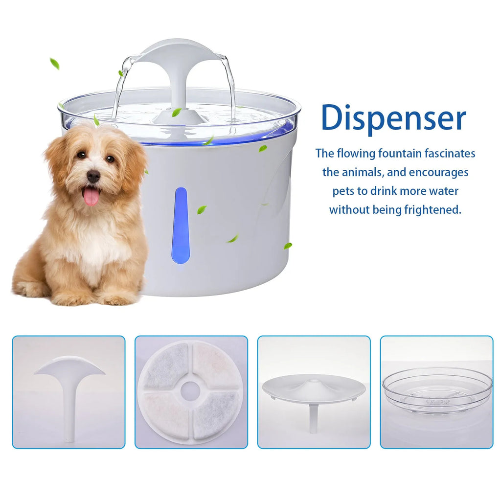 Automatic pet water fountain 2.5L with LED indicator, food-grade ABS, USB pump, 20x20x14cm, for cats and dogs