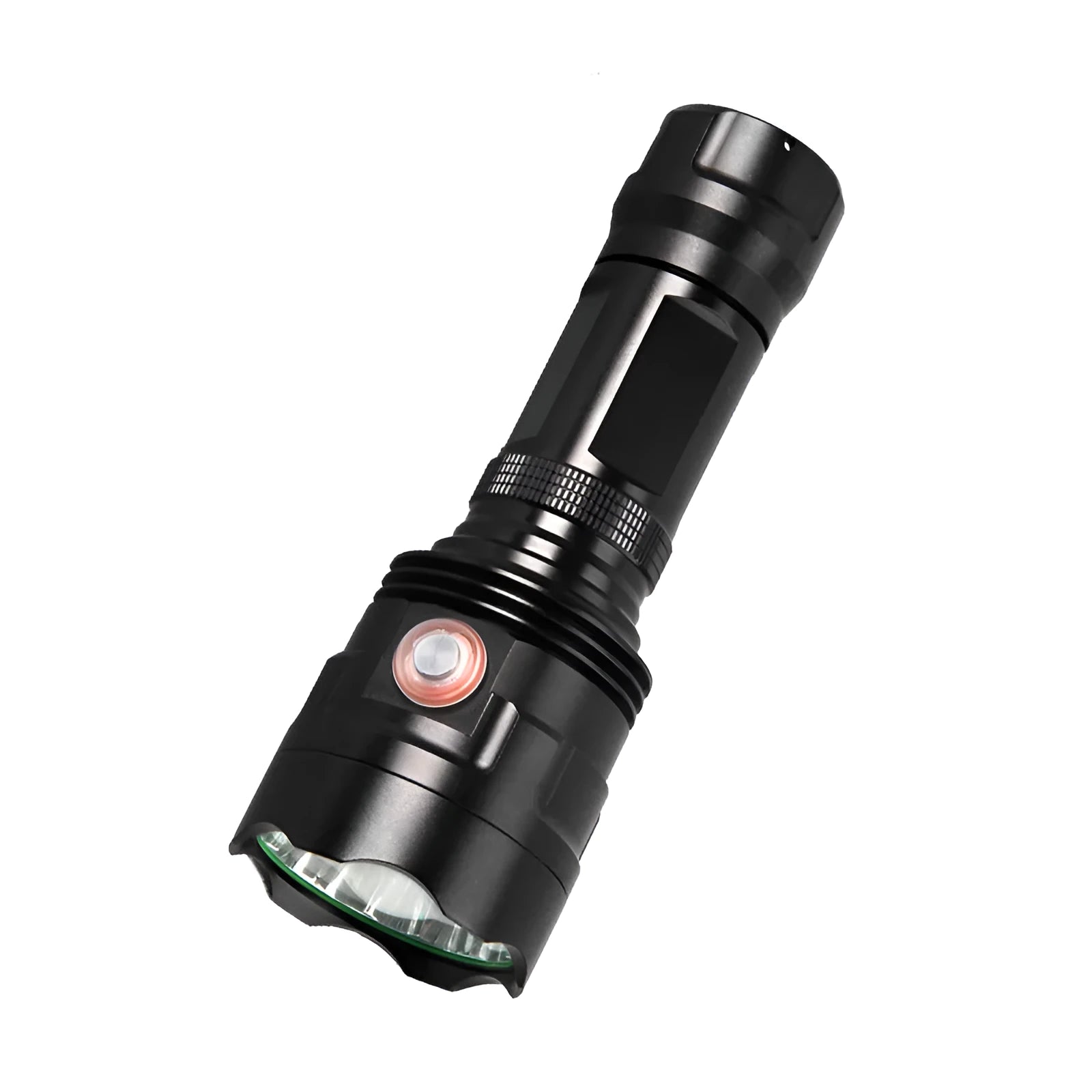 Black aluminium alloy tactical LED torch with six dimming modes and IPX5 waterproof rating