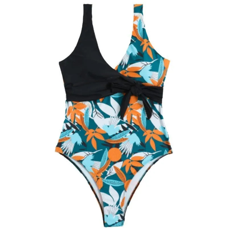 Women's high-waist one-piece bikini swimsuit in printed polyester fabric