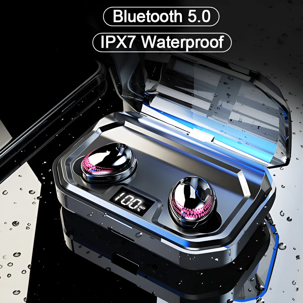 Black X10 Bluetooth wireless headset with charging case showing 8-hour call time and 3000mAh battery