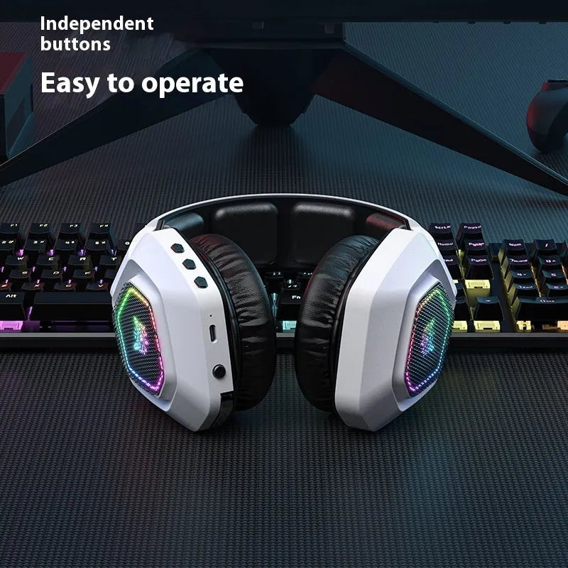 Black wireless gaming headset with RGB lighting on ear cups