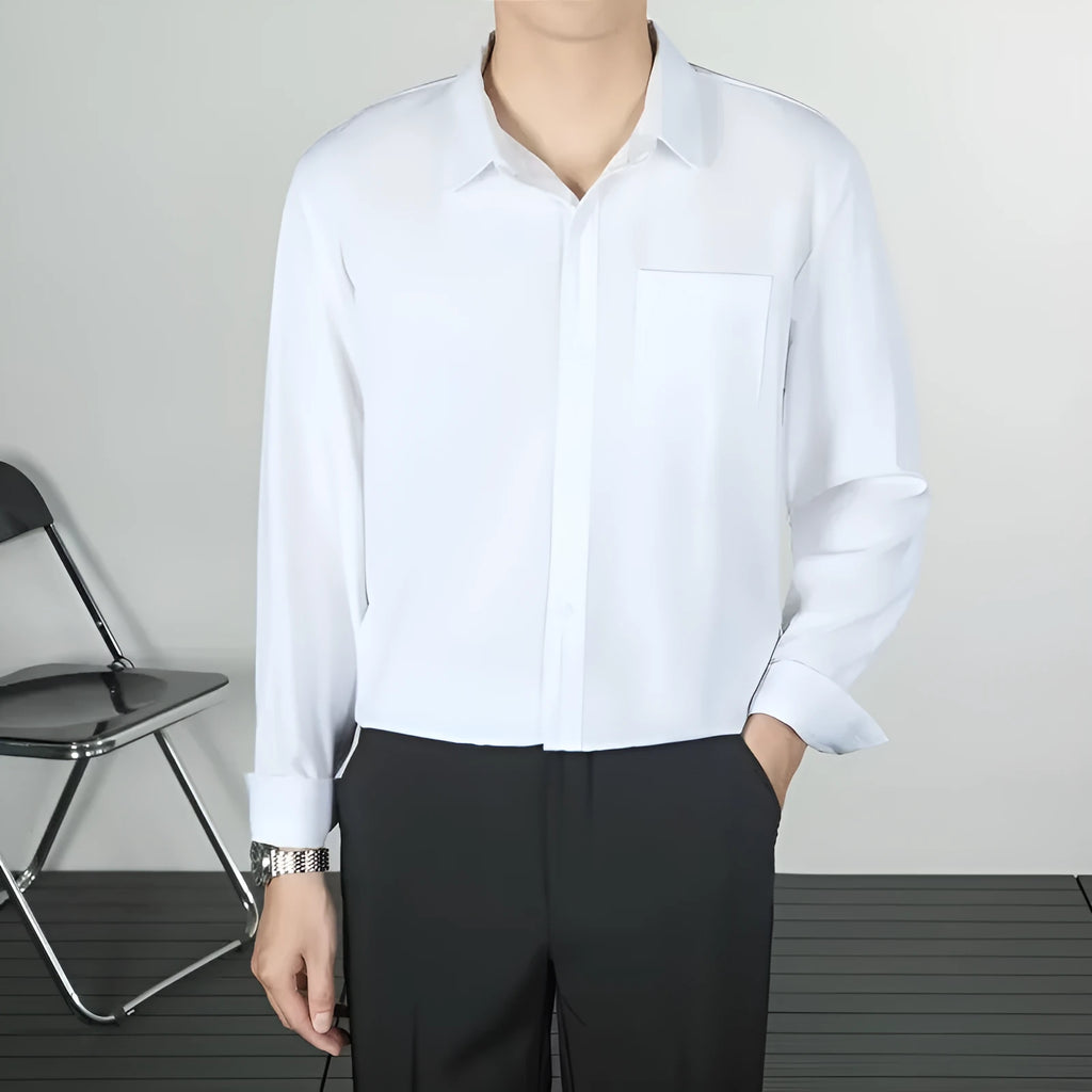 Korean-style loose long-sleeved men's linen-silk shirt in solid colour with wrinkle-free finish