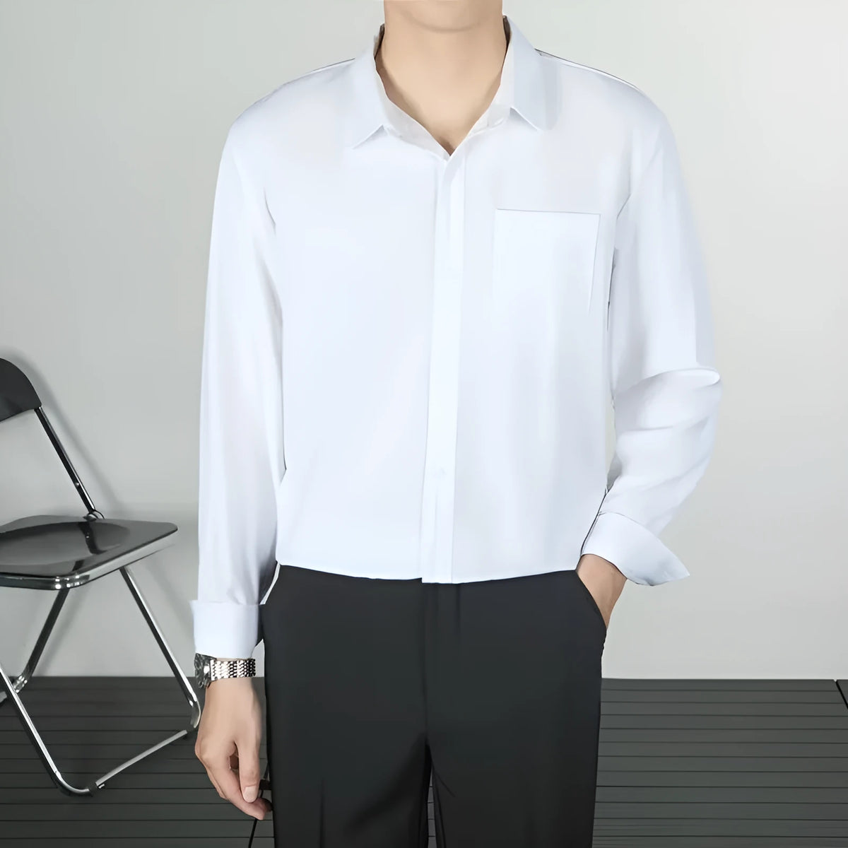 Korean-style loose long-sleeved men's linen-silk shirt in solid colour with wrinkle-free finish