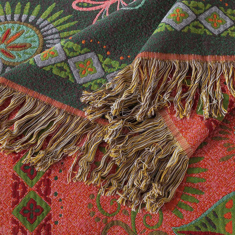 Pure cotton gauze towel quilt with tassels in dark green and red colour option, 150x200cm size