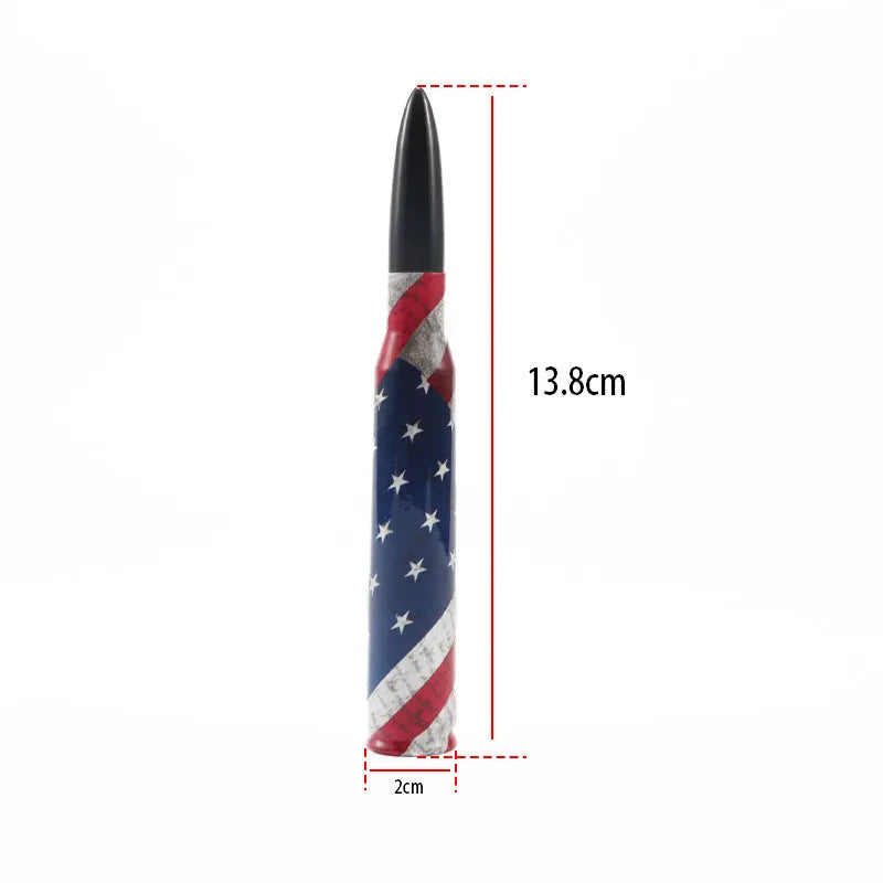 Bullet-style car antenna in black, camouflage green, and American flag designs, length 14cm.