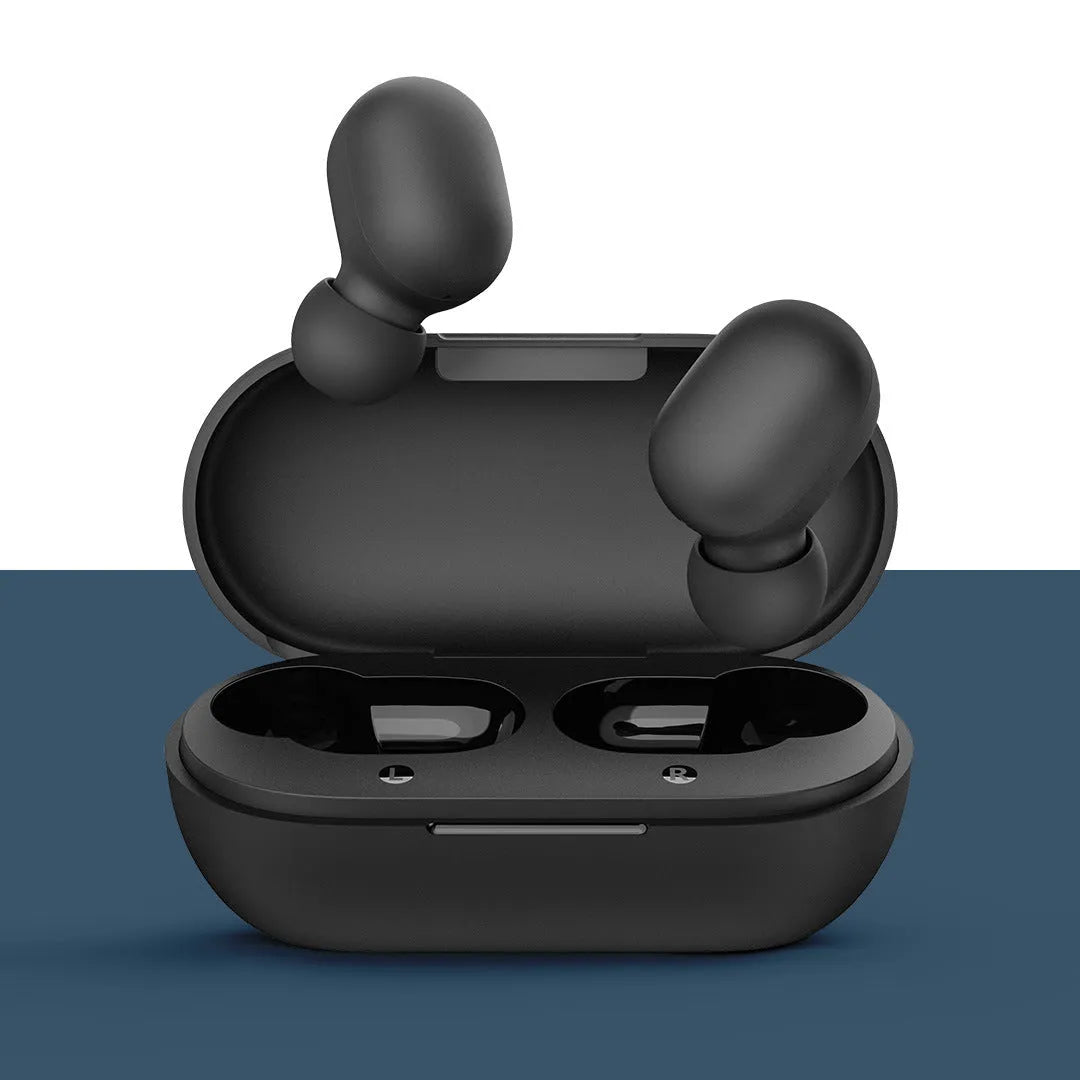 Black true wireless Bluetooth earbuds with charging case