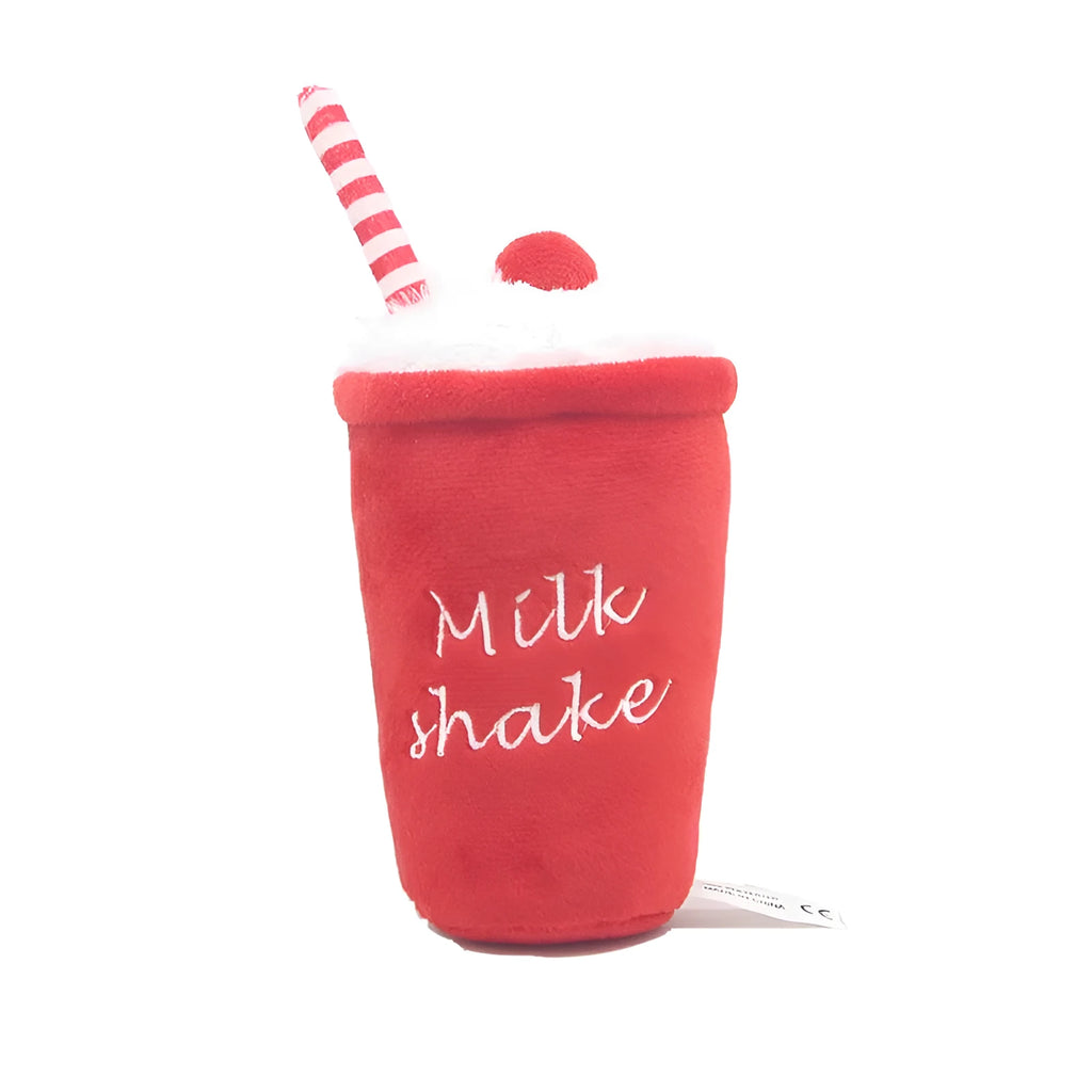 Plush dog toys with squeakers in milkshake cup, hamburger, and french fries colour designs