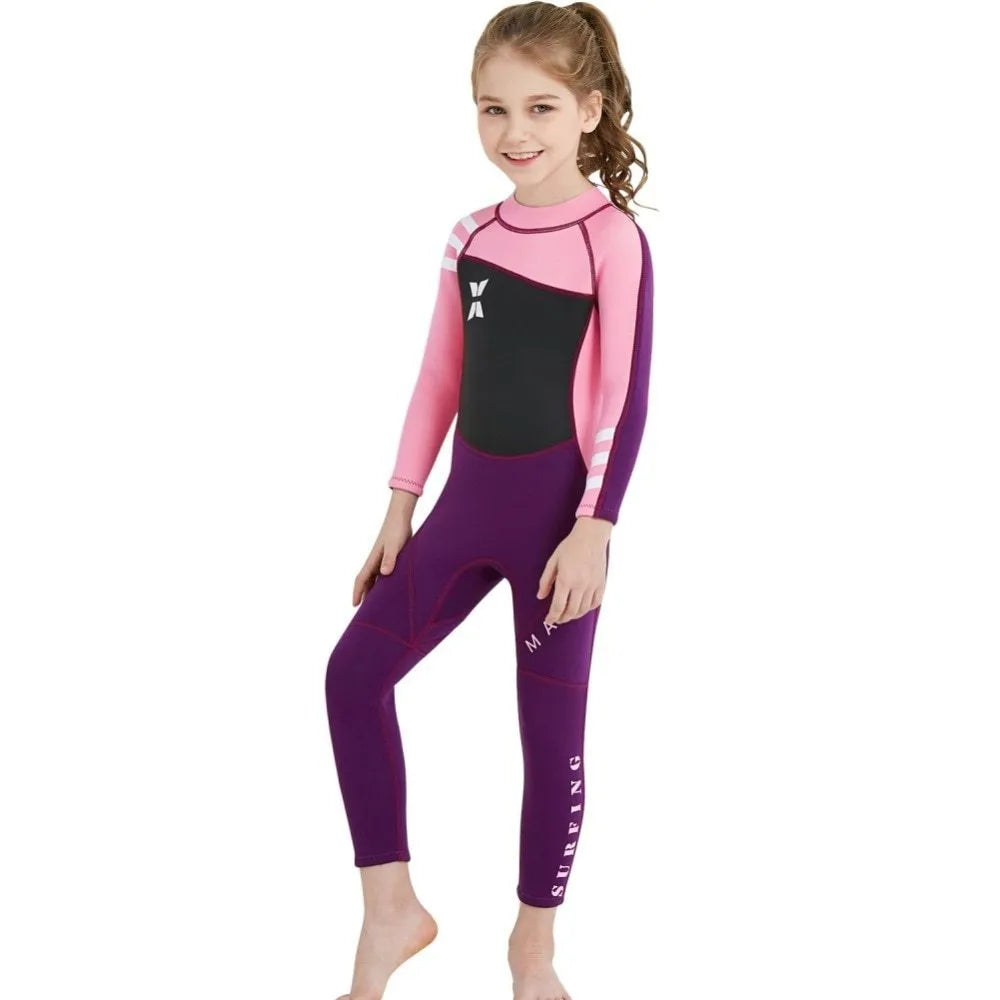 Children diving suit in black pink for girls, SCR neoprene wetsuit with long sleeves