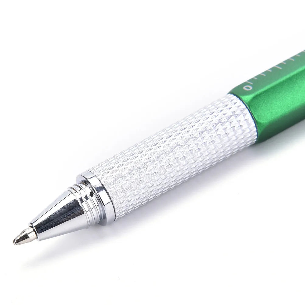 Black 6 in 1 multi-function touch screen stylus ballpoint pen with spirit level and screwdriver tips on white background