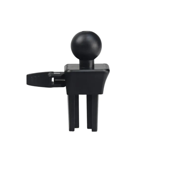 Black plastic car phone holder mounted on air conditioning vent holding smartphone
