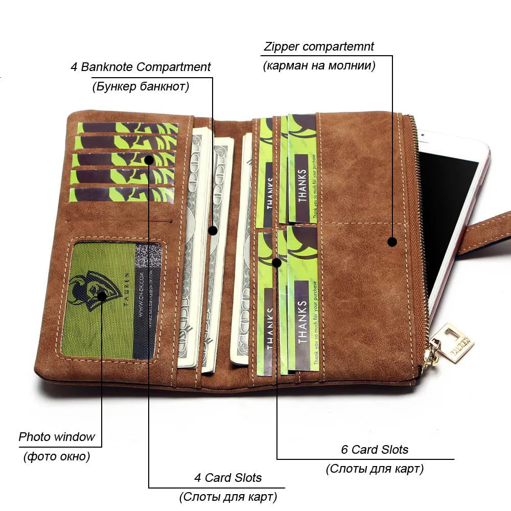 Retro matte long zip wallet for women in multiple colours, showing interior card slots and phone pocket.