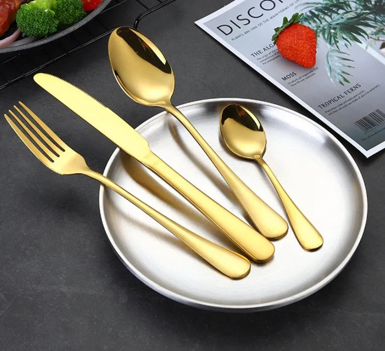24-piece stainless steel tableware set showing knives, forks and spoons in multiple colour options