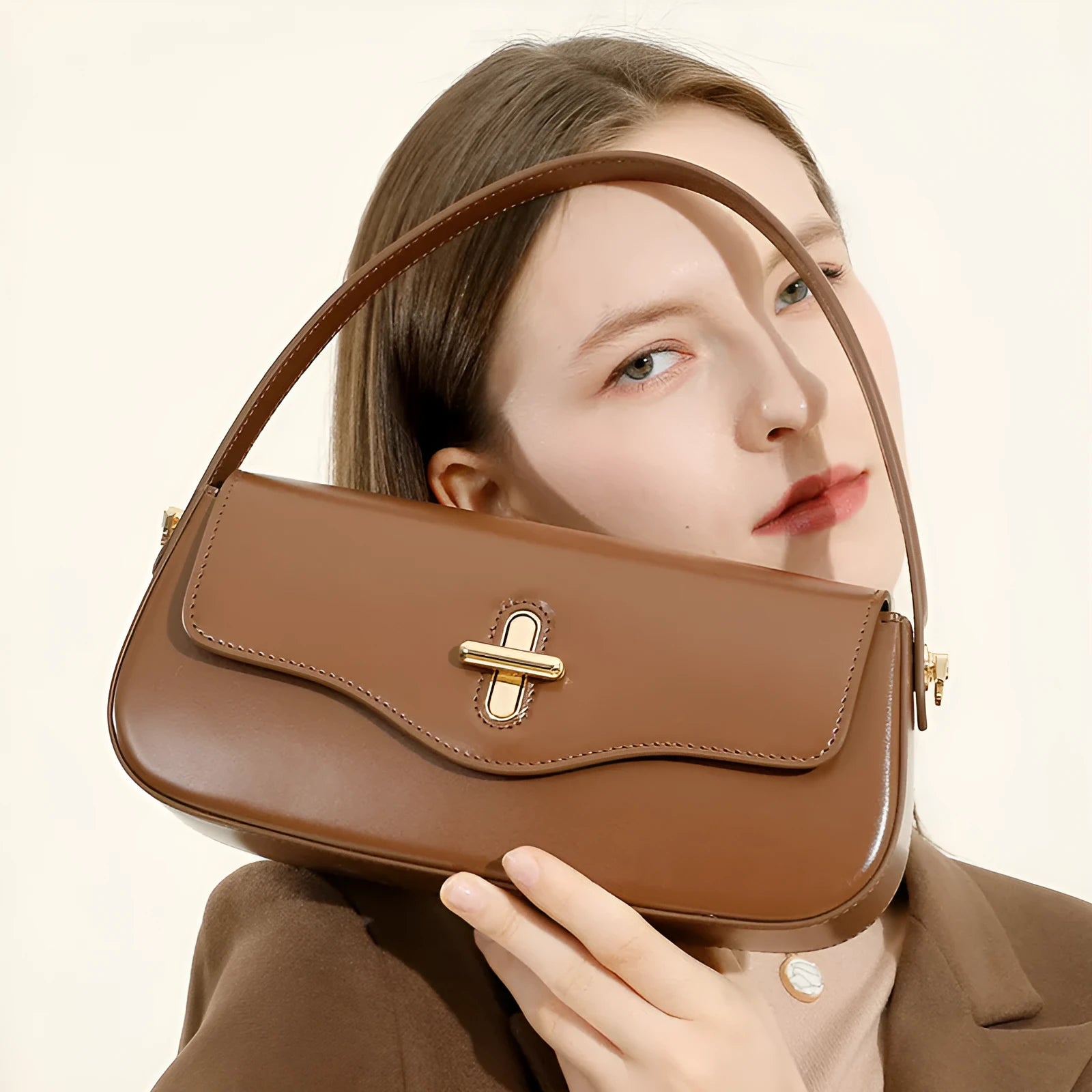 Leather baguette shoulder bag in black, wine red, coffee or caramel with organised interior compartments