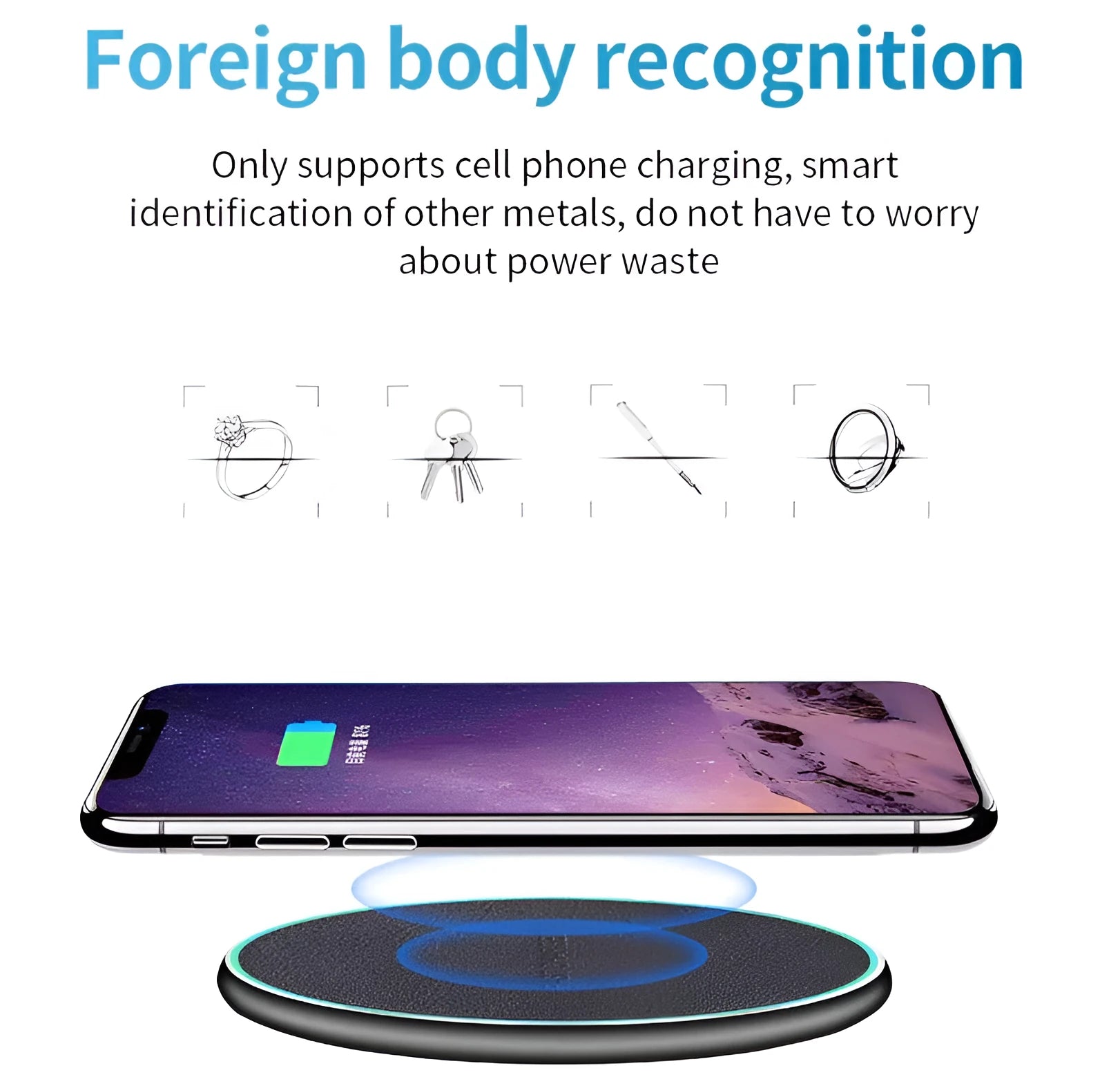 Black circular Qi wireless charging pad for iPhone 11 with LED light indicator