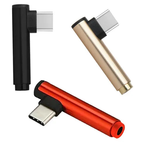 Aluminium alloy USB-C to 3.5mm audio adapter with charging port in black, gold, red, brown, or blue