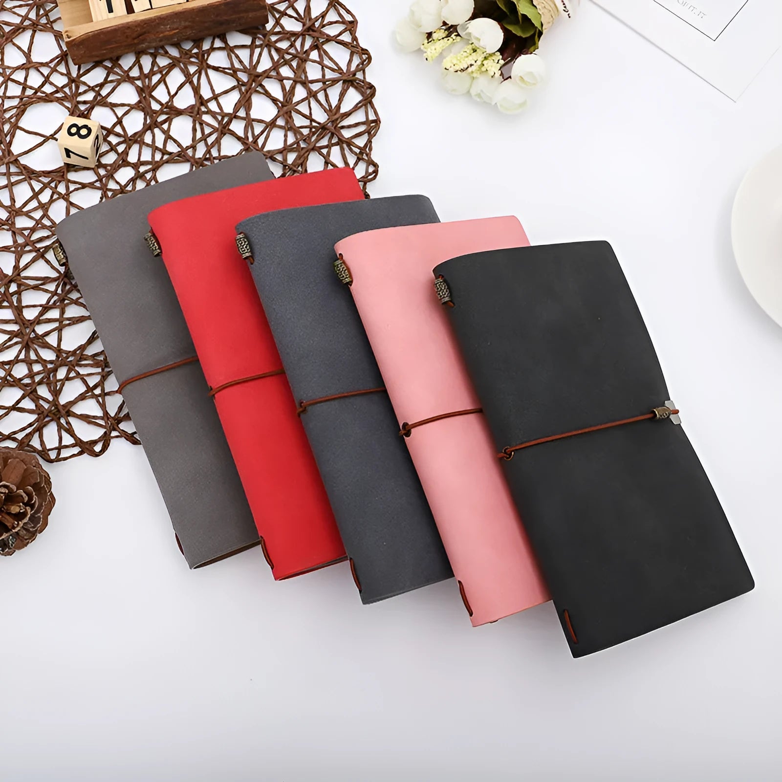 A6 cowhide rope diary notebook with wireless binding in grey, pink or red colour